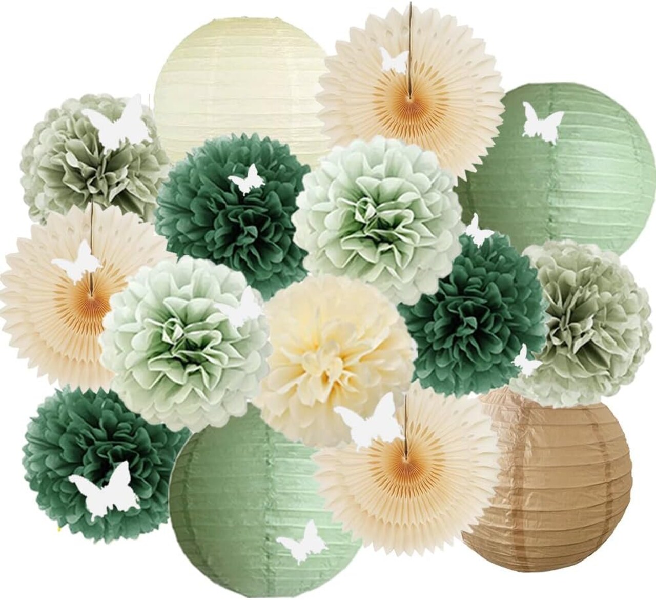 Sage Olive Green Party Decorations Boho Bridal Shower Decorations Olive Sage Green Paper Lanterns Beige Fans Poms